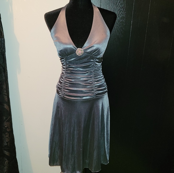 Satin silk vintage pinup style burlesque dress grey blue - Picture 4 of 5